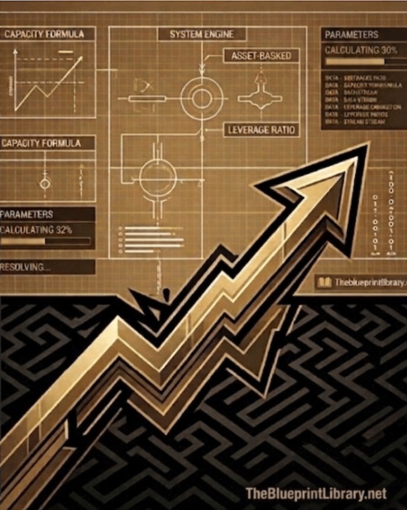 Blueprint-style business growth graphic with an upward gold arrow